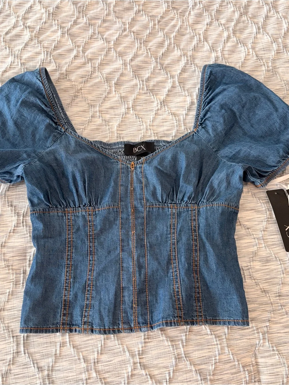 BCX Denim Zip-Front Puff Sleeve Crop Top in Blue